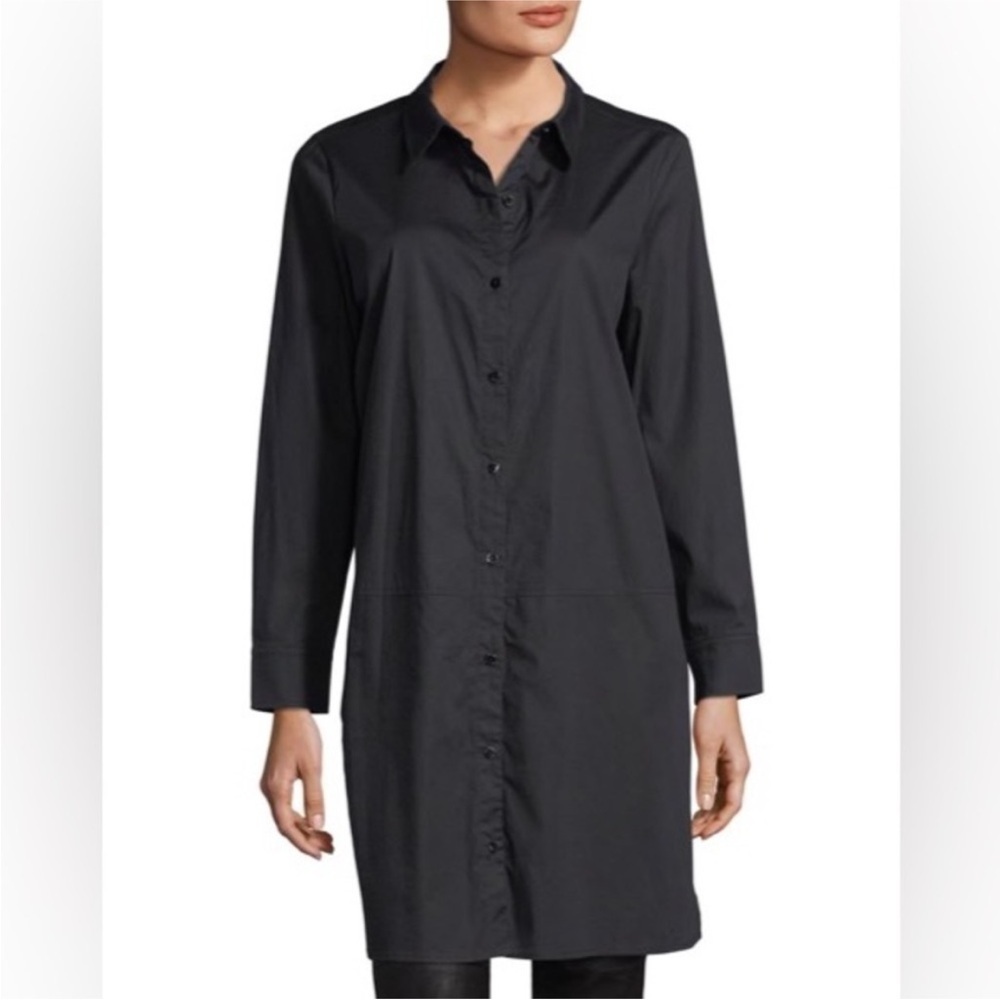 EILEEN FISHER ORGANIC COTTON STRETCH LAWN SHIRT DRESS - BLACK - PLUS SIZE 2X